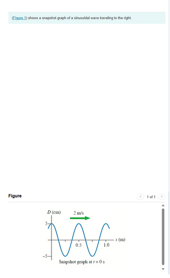 (Figure 1) shows a snapshot graph of a sinusoidal wave traveling to the right.
Figure
D (cm)
2 m/s
M
1.0
Snapshot graph at t=0 s
x (m)
1 of 1