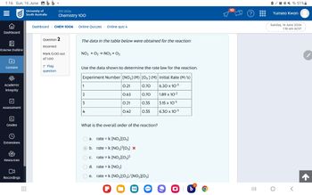 1:16 Sun, 16 June bb.
=
University of
South Australia
Dashboard
SP2 2024
Chemistry 100
Dashboard > CHEM 1006 > Online Quizzes Online quiz 4
Question 2
The data in the table below were obtained for the reaction:
Incorrect
Course Outline
+
Mark 0.00 out
of 1.00
NO2 + 03 → NO3 + 02
Content
Flag
question
Use the data shown to determine the rate law for the reaction.
Experiment Number [NO2] (M) [03] (M) Initial Rate (M/s)
Academic
1
0.21
0.70
6.30 x 10-3
Integrity
2
0.63
0.70
1.89 x 10-2
3
0.21
0.35
3.15 x 10-3
Assessment
4
0.42
0.35
6.30 x 10-3
Grades
Ө
Extensions
미이 이미
Resources
What is the overall order of the reaction?
a. rate = k [NO2][03]
b. rate = k [NO₂]²[03] x
c. rate = k [NO2][03]²
d. rate = k [NO₂2]
Recordings
e. rate = k [NO3][02]/[NO2][03]
*༢ དཱི51%
10
?
Yunseo Kwon
16
Ob
Sunday, 16 June 2024
1:16 am ACST
=
•
о
<
←