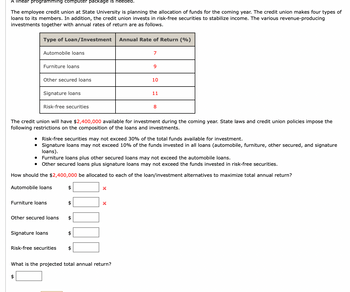 A linear programming computer package is needed.
The employee credit union at State University is planning the allocation of funds for the coming year. The credit union makes four types of
loans to its members. In addition, the credit union invests in risk-free securities to stabilize income. The various revenue-producing
investments together with annual rates of return are as follows.
Type of Loan/Investment
Annual Rate of Return (%)
Automobile loans
7
Furniture loans
9
Other secured loans
10
Signature loans
11
Risk-free securities
8
the
The credit union will have $2,400,000 available for investment duri the coming year. State laws and credit union policie
following restrictions on the composition of the loans and investments.
Risk-free securities may not exceed 30% of the total funds available for investment.
• Signature loans may not exceed 10% of the funds invested in all loans (automobile, furniture, other secured, and signature
loans).
Furniture loans plus other secured loans may not exceed the automobile loans.
Other secured loans plus signature loans may not exceed the funds invested in risk-free securities.
How should the $2,400,000 be allocated to each of the loan/investment alternatives to maximize total annual return?
Automobile loans
$
X
Furniture loans
$
X
Other secured loans
$
Signature loans
$
Risk-free securities
$
What is the projected total annual return?
$