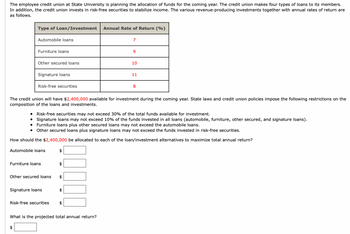 The employee credit union at State University is planning the allocation of funds for the coming year. The credit union makes four types of loans to its members.
In addition, the credit union invests in risk-free securities to stabilize income. The various revenue-producing investments together with annual rates of return are
as follows.
Type of Loan/Investment
Annual Rate of Return (%)
Automobile loans
7
Furniture loans
9
Other secured loans
10
Signature loans
11
Risk-free securities
8
The credit union will have $2,400,000 available for investment during the coming year. State laws and credit union policies impose the following restrictions on the
composition of the loans and investments.
• Risk-free securities may not exceed 30% of the total funds available for investment.
• Signature loans may not exceed 10% of the funds invested in all loans (automobile, furniture, other secured, and signature loans).
Furniture loans plus other secured loans may not exceed the automobile loans.
Other secured loans plus signature loans may not exceed the funds invested in risk-free securities.
How should the $2,400,000 be allocated to each of the loan/investment alternatives to maximize total annual return?
Automobile loans
$
Furniture loans
$
Other secured loans $
Signature loans
$
Risk-free securities
$
What is the projected total annual return?
$