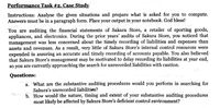 Performance Task #2. Case Study
Instructions: Analyze the given situations and prepare what is asked for you to compute.
Answers must be in a paragraph form. Place your output in your notebook. God bless!
You are auditing the financial statements of Sakura Store, a retailer of sporting goods,
appliances, and electronics. During the prior years' audits of Sakura Store, you noticed that
management was less concerned about the timely recording of liabilities and expenses than
assets and revenues. As a result, very little of Sakura Store's internal control resources were
expended in assuring an accurate and timely recording of accounts payable. You also believed
that Sakura Store's management may be motivated to delay recording its liabilities at year end,
so you are currently approaching the search for unrecorded liabilities with caution.
Questions:
a. Wha
are the substantive auditing procedures would you perform in searching for
Sakura's unrecorded liabilities?
109 6. How would the nature, timing and extent of your substantive auditing procedures
most likely be affected by Sakura Store's deficient control environment?
