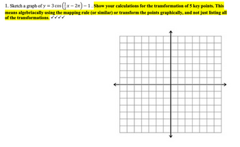 1. Sketch a graph of y
=
5 ( 1² x
2π) - 1. Show your calculations for the transformation of 5 key points. This
means algebriacally using the mapping rule (or similar) or transform the points graphically, and not just listing all
of the transformations. ✓✓ ✓ ✓
3 cos