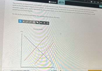 9%
05/05/24
SCORE
A
中企
lefoe
The countries of Universitania and Collegia currently have free trade. The president of Universitania is considering whether to impose a
tariff on the chocolate it imports from Collegia. On the graph below, Da represents the domestic demand curve, Sy represents the
domestic supply curve, and S+ represents the free-trade supply curve. Shift the appropriate curve to demonstrate the impact a tariff
would have on Universitania.
To refer to the graphing tutorial for this question type, please click here
Chocolate Market
Price
005 10 QUESTIONS.COMPLETED
0
Sd
Dd