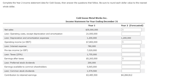 Complete the Year 2 income statement data for Cold Goose, then answer the questions that follow. Be sure to round each dollar value to the nearest
whole dollar.
Net sales
Less: Operating costs, except depreciation and amortization
Less: Depreciation and amortization expenses
Operating income (or EBIT)
Less: Interest expense
Pre-tax income (or EBT)
Less: Taxes (25%)
arnings after taxes
Less: Preferred stock dividends
Earnings available to common shareholders
Less: Common stock dividends
Contribution to retained earnings
Cold Goose Metal Works Inc.
Income Statement for Year Ending December 31
Year 1
$30,000,000
21,000,000
1,200,000
$7,800,000
780,000
7,020,000
1,755,000
$5,265,000
200,000
5,065,000
1,579,500
$3,485,500
Year 2 (Forecasted)
$
1,200,000
$
$
$4,284,812