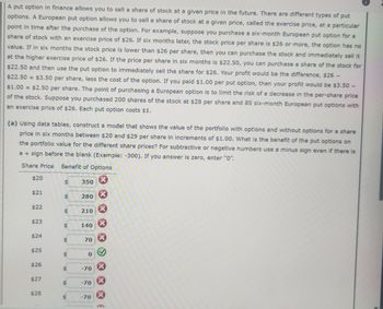 ### Understanding Put Options in Finance

A put option in finance allows you to sell a share of stock at a given price in the future. There are different types of put options. A European put option allows you to sell a share of stock at a given price, known as the exercise price, at a specific point in time after purchasing the option. 

#### Example Scenario:
- Suppose you buy a six-month European put option for a stock with an exercise price of $26.
- If after six months the stock price per share is $26 or more, the option has no value.
- If the stock price is lower than $26, you can purchase the stock and sell it at $26 using the put option.

#### Profit Calculation:
- If the price per share in six months is $22.50, you buy the stock at $22.50 and sell it immediately for $26 using the option.
- Profit: $26 - $22.50 = $3.50 per share, minus the cost of the option.
- If you paid $1.00 per option, profit = $3.50 - $1.00 = $2.50 per share.

#### Risk Management:
- Purchasing a European put option limits the risk of a decrease in the stock’s per-share price.
- Example: You purchased 200 shares at $28 each and 85 six-month put options with an exercise price of $26, each costing $1.

#### Data Table Analysis:
(a) Construct a model using data tables to show the portfolio value with and without options for six-month six-month future share prices between $20 and $29 in $1 increments.

- **Share Price vs. Benefit of Options:**
  - $20: $350
  - $21: $280
  - $22: $210
  - $23: $140
  - $24: $70
  - $25: $0
  - $26: -$70
  - $27: -$70
  - $28: -$70

Negative numbers indicate a loss, and zero indicates no gain or loss. The analysis helps in strategizing the implementation of put options to mitigate risks effectively.