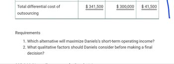 Total differential cost of
outsourcing
$ 341,500
$ 300,000
$ 41,500
Requirements
1. Which alternative will maximize Daniels's short-term operating income?
2. What qualitative factors should Daniels consider before making a final
decision?