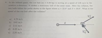 9. In the billiard game, the cue ball (m = 0.38 kg) is moving at a speed of 5.95 m/s in the
positive x-direction. It strikes a stationary ball of the same mass. After the collision, the
two balls follow the paths shown in the figure where a = 22.0° and 3 = 50.0°. What is the
speed of the cue ball after the collision?
a
4.79 m/s
b)
3.61 m/s
c) 2.11 m/s
d)
6.22 m/s
e) 2.34 m/s
15
V2f
Vif