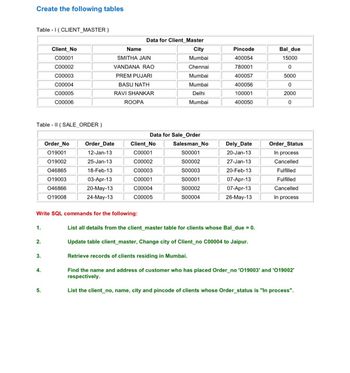 Create the following tables
Table 1 (CLIENT_MASTER)
Table II (SALE_ORDER)
1.
2.
3.
Client No
C00001
C00002
C00003
C00004
C00005
C00006
4.
5.
Order No
019001
019002
046865
019003
046866
019008
Write SQL commands for the following:
Name
SMITHA JAIN
VANDANA RAO
Data for Client_Master
PREM PUJARI
BASU NATH
RAVI SHANKAR
ROOPA
Order Date
12-Jan-13
25-Jan-13
18-Feb-13
03-Apr-13
20-May-13
24-May-13
Client No
C00001
C00002
C00003
C00001
C00004
C00005
City
Mumbai
Chennai
Mumbai
Mumbai
Delhi
Mumbai
Data for Sale Order
Salesman No
S00001
S00002
S00003
500001
S00002
S00004
Pincode
400054
780001
400057
400056
100001
400050
Dely_Date
20-Jan-13
27-Jan-13
20-Feb-13
07-Apr-13
07-Apr-13
26-May-13
List all details from the client_master table for clients whose Bal_due = 0.
Bal_due
15000
0
5000
0
2000
0
Order_Status
In process
Cancelled
Fulfilled
Fulfilled
Cancelled
In process
Update table client_master, Change city of Client_no C00004 to Jaipur.
Retrieve records of clients residing in Mumbai.
Find the name and address of customer who has placed Order_no '019003' and '019002'
respectively.
List the client_no, name, city and pincode of clients whose Order_status is "In process".