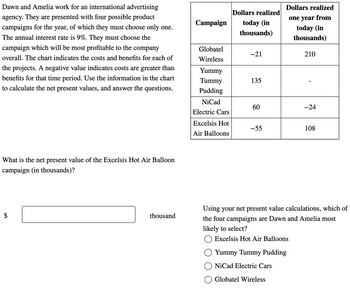 Campaign
today (in
thousands)
Dollars realized
Dollars realized
one year from
today (in
thousands)
Globatel
-21
210
Wireless
Yummy
Tummy
135
Pudding
NiCad
60
-24
Electric Cars
Excelsis Hot
Air Balloons
-55
108
Dawn and Amelia work for an international advertising
agency. They are presented with four possible product
campaigns for the year, of which they must choose only one.
The annual interest rate is 9%. They must choose the
campaign which will be most profitable to the company
overall. The chart indicates the costs and benefits for each of
the projects. A negative value indicates costs are greater than
benefits for that time period. Use the information in the chart
to calculate the net present values, and answer the questions.
What is the net present value of the Excelsis Hot Air Balloon
campaign (in thousands)?
EA
thousand
Using your net present value calculations, which of
the four campaigns are Dawn and Amelia most
likely to select?
Excelsis Hot Air Balloons
Yummy Tummy Pudding
NiCad Electric Cars
Globatel Wireless