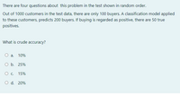 There are four questions about this problem in the test shown in random order.
Out of 1000 customers in the test data, there are only 100 buyers. A classification model applied
to these customers, predicts 200 buyers. If buying is regarded as positive, there are 50 true
positives.
What is crude accuracy?
O a.
10%
O b. 25%
15%
O d. 20%
