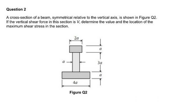 Question 2
A cross-section of a beam, symmetrical relative to the vertical axis, is shown in Figure Q2.
If the vertical shear force in this section is V, determine the value and the location of the
maximum shear stress in the section.
a
2a
4a
Figure Q2
3a
a