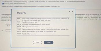 Emily Stein opened a medical practice. During July, the first month of operation, the business, titled Emily Stein, M.D., experienced the following events:
(Click the icon to view the transactions.)
Analyze the effects of these events on the accounting equation of the medical practice of Emily Stein, M.D.
Analyze the even
account after ana
transactions with
balance accounts
Expense; Liab,
7/6
Cash
More info
Jul. 6
Jul. 9
Jul. 12
Jul. 15
Jul. 20
Jul. 31
Jul. 31.
Stein contributed $60,000 in the business by opening a bank account in the name of
E. Stein, MD. The business gave capital to to Stein.
Paid $50,000 cash for land.
Purchased medical supplies for $1,900 on account.
Officially opened for business.
Paid cash expenses: employees' salaries, $1,800; office rent, $1,400, utilities, $300.
Eamed service revenue for the month, $9,000, receiving cash.
Paid $1,400 on account.
Print
Done
X
ws the transaction on the 6th, calculate the ba
Do not enter any zeros for your transaction line
n all balances to the "Bal." line, including zerc
hs used: A/P = Accounts Payable; Cap. Stei