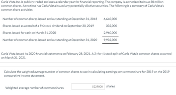 Carla Vista Inc. is publicly traded and uses a calendar year for financial reporting. The company is authorized to issue 50 million
common shares. At no time has Carla Vista issued any potentially dilutive securities. The following is a summary of Carla Vista's
common share activities:
Number of common shares issued and outstanding at December 31, 2018
Shares issued as a result of a 5% stock dividend on September 30, 2019
Shares issued for cash on March 31, 2020
Number of common shares issued and outstanding at December 31, 2020
6,640,000
332,000
2,960,000
9,932,000
Carla Vista issued its 2020 financial statements on February 28, 2021. A 2-for-1 stock split of Carla Vista's common shares occurred
on March 31, 2021.
Weighted average number of common shares
Calculate the weighted average number of common shares to use in calculating earnings per common share for 2019 on the 2019
comparative income statement.
5229000 shares