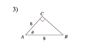 The image displays a right triangle labeled as \( \triangle ABC \).

- **Angle C** is the right angle, denoted by a small square.
- **Side AC** measures 6 units.
- **Side BC** measures 9 units.
- **Angle A** is labeled as \( \theta \).
- **Vertex A** is at the left, and vertex B is at the right on the base of the triangle.
- **The hypotenuse is AB**, though not directly measured in this image based on the given sides.
