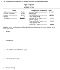 **Educational Website Transcription of Financial Statement**

---

**1. Financial Statement Overview**

The following financial statement was prepared by Gibson Corporation’s accountant for Adams Corporation.

**Adams Corporation**  
Balance Sheet  
December 31, 2020

---

**Assets**

- **Cash:** $75,000  
- **Accounts Receivable:** $95,000  
- **Inventory:** $125,000  
- **Building:** ?  
- **Total Assets:** $500,000  

**Liabilities and Stockholders' Equity**

- **Accounts Payable:** $75,000  
- **Notes Payable:** ?  
- **Total Liabilities:** $200,000  

- **Capital Stock (15,000 shares @ $10 per share):** $150,000  
- **Retained Earnings:** ?  
- **Total Stockholders' Equity:** ?  
- **Total Liabilities and Stockholders' Equity:** ?  

---

**2. Calculations Based on the Balance Sheet**

Based on the above balance sheet for Adams Corporation, calculate the correct balances for the items listed below:

1. **Building:**  
   - Calculation needed to determine value.

2. **Notes Payable:**  
   - Calculation needed to determine value.

3. **Total Liabilities and Stockholders’ Equity:**  
   - Calculation to match Total Assets ($500,000).

4. **Total Stockholders’ Equity:**  
   - Calculation needed to determine value.

5. **Retained Earnings:**  
   - Calculation needed to determine value.

---

This balance sheet provides an essential snapshot of Adams Corporation's financial position as of December 31, 2020. It requires further analysis to fill in the missing values for a complete understanding of the company's financial health.