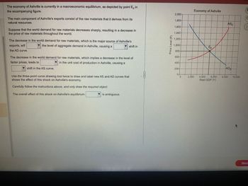 The economy of Ashville is currently in a macroeconomic equilibrium, as depicted by point E, in
the accompanying figure.
The main component of Ashville's exports consist of the raw materials that it derives from its
natural resources.
Suppose that the world demand for raw materials decreases sharply, resulting in a decrease in
the price of raw materials throughout the world.
The decrease in the world demand for raw materials, which is the major source of Ashville's
exports, will
the level of aggregate demand in Ashville, causing a
▼shift in
the AD curve.
The decrease in the world demand for raw materials, which implies a decrease in the level of
factor prices, leads to
in the unit cost of production in Ashville, causing a
7 shift in the AS curve.
Use the three-point curve drawing tool twice to draw and label new AS and AD curves that
shows the effect of this shock on Ashville's economy.
Carefully follow the instructions above, and only draw the required object.
The overall effect of this shock on Ashville's equilibrium
▼is ambiguous.
#PTT
Price Level (P)
2,000-
1,800-
1.600-
1,400-
1,200-
1.000
800-
600-
200-
0
outl
2.000
Economy of Ashville
Eo
4,000
Real GDP (Y)
ASO
ADO
6,000 8.000 10,000
P
Next