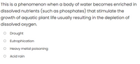 This is a phenomenon when a body of water becomes enriched in
dissolved nutrients (such as phosphates) that stimulate the
growth of aquatic plant life usually resulting in the depletion of
dissolved oxygen.
O Drought
Eutrophication
Heavy metal poisoning
Acid rain
