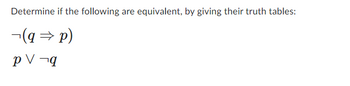 Determine if the following are equivalent, by giving their truth tables:
¬(q⇒p)
p V¬q