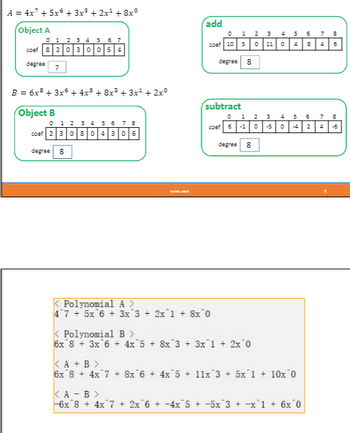 The image contains information about polynomial expressions and their operations. Here's the transcription suitable for an educational website:

---

**Polynomial Operations Example**

We are given two polynomials, \( A \) and \( B \), and we will explore their addition and subtraction.

**Polynomial A:**
\[ A = 4x^7 + 5x^6 + 3x^3 + 2x^1 + 8x^0 \]

- **Object A:**
  - Coefficients: \( [0, 0, 0, 3, 0, 0, 5, 4] \)
  - Degree: 7

**Polynomial B:**
\[ B = 6x^8 + 3x^6 + 4x^5 + 8x^3 + 3x^1 + 2x^0 \]

- **Object B:**
  - Coefficients: \( [2, 3, 0, 8, 0, 4, 3, 0, 6] \)
  - Degree: 8

**Addition of Polynomials (A + B):**
The result of adding polynomials \( A \) and \( B \) is:
\[ 6x^8 + 4x^7 + 8x^6 + 4x^5 + 11x^3 + 5x^1 + 10x^0 \]

- Combined Coefficients: \( [10, 5, 0, 11, 0, 4, 8, 4, 6] \)
- Resulting Degree: 8

**Subtraction of Polynomials (A - B):**
The result of subtracting polynomial \( B \) from \( A \) is:
\[ 6x^8 + 4x^7 + 2x^6 - 4x^5 - 5x^3 - x^1 + 6x^0 \]

- Combined Coefficients: \( [6, -1, 0, -5, 0, -4, 2, 4, 6] \)
- Resulting Degree: 8

**Explanation of the Tables:**

The tables display the coefficients for each power of x, starting from \( x^0 \) up to \( x^8 \), where applicable. The degree