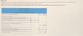 Required:
Prepare an income statement beginning with income from continuing operations. Include appropriate EPS disclosures assuming that
100,000 shares of common stock were outstanding throughout the year.
Note: Amounts to be deducted should be indicated with a minus sign. Round EPS answers to 2 decimal places.
CHANCE COMPANY
Partial Income Statement
For the Year Ended December 31, 2024
Income from continuing operations
Discontinued operations:
Loss from operations of discontinued component
Income tax benefit
Income (loss) on discontinued operations
Net income (loss)
Earnings per share
Income from continuing operations
Loss from discontinued operations
Net income (loss).
$ 720,000
0
$ 720,000
$
0.00