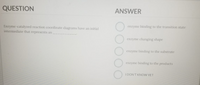 QUESTION
ANSWER
Enzyme-catalyzed reaction coordinate diagrams have an initial
intermediate that represents an
enzyme binding to the transition state
enzyme changing shape
enzyme binding to the substrate
enzyme binding to the products
I DON'T KNOW YET
