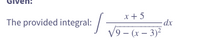 Given:
x+5
The provided integral:
dx
V9 – (x – 3)²
