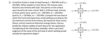 2) A machine frame is made of steel having Sy = 400 MPa and Ssy =
250 MPa. When loaded in a test fixture, the stresses were
found to vary linearly with load. Two points on the surface
were found to be most critical. With a 4-kN test load, stresses
at these points were: point a, 0₁ = 200 MPa, 0₂ = 100 MPa;
point b, 0₁ = 150 MPa, 0₂ = -100 MPa. Compute the test load at
which the frame will experience initial yielding according to the
(a) maximum-normal-stress theory, (b) maximum-shear-stress
theory, and (c) maximum-distortion-energy theory. Discuss
briefly the relative validity of each theory for this application.
Considering all the information available, what is your best
judgment of the value of the test load at which yielding would
actually be expected to begin?
02= 100 MPa
a
02
02=-100 MPa
b
02
0₁ = 200 MPa
01 = 150 MPa