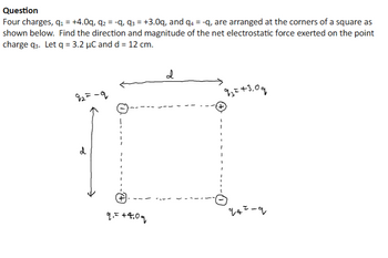 Question
Four charges, q₁ = +4.0q, q₂ = −q, q3 = +3.0q, and q4 = -q, are arranged at the corners of a square as
shown below. Find the direction and magnitude of the net electrostatic force exerted on the point
charge q3. Let q = 3.2 µC and d = 12 cm.
d
-
L=+t0y
d
นะ+30%
น-น