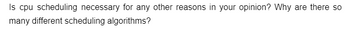 **Discussion Prompt: CPU Scheduling**

"Is CPU scheduling necessary for any other reasons in your opinion? Why are there so many different scheduling algorithms?" 

--- 

This question encourages students to think critically about the importance and diversity of CPU scheduling methods in computer science.