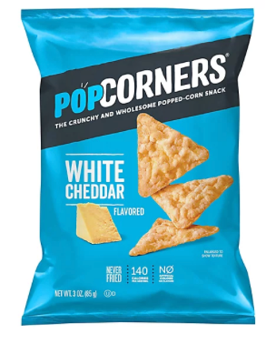 POPCORNERS
THE CRUNCHY AND WHOLESOME POPPED-CORN SMACK
WHITE
CHEDDAR
NET WT 302 (85)
FLAVORED
NEVER 140 NØ
FRIED
IN