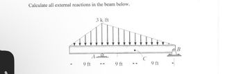 Calculate all external reactions in the beam below.
9 ft
A
3 k/ft
9 ft
C
9 ft