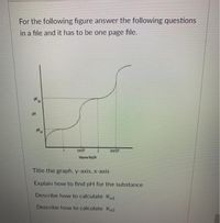 For the following figure answer the following questions
in a file and it has to be one page file.
pH
1stEP
2nd EP
Volume NaOH
Title the graph, y-axis, x-axis
Explain how to find pH for the substance
Describe how to calculate Ka1
Describe how to calculate Ka2
