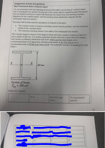 Assignment activity and guidance
Steel Framework Beam Analysis report
You are presented with the following technical information concerning an I section beam
and a rectangular box section forming part of the steam plant's supporting steel framework
and are asked to produce a report that illustrates the shear force and bending moment
diagrams for the I section beam, and the bending stress distribution diagram for the
rectangular steel box section.
The report will include several calculations of interest to the team:
.
The I section beam's maximum bending moment and its position, and the maximum
stress in the I section beam.
The maximum bending stress in the walls of the rectangular box section.
The I section beam is shown in the diagram below and has a section modulus of 308 cm³
and a depth of 260 mm. It is simply supported at each end over a span AB of X1 metres;
and carries a uniformly distributed load of W1 kN/m over its entire length and a
concentrated load of Y1 kN acting vertically downwards at 2m from end A and a
concentrated load of 50 kN at 2m from end B. The material's modulus of elasticity E is 205
GNm
X
X
260 mm
Section of beam
Zxx = 308 cm³
Values for I Section
X1 m
WI UDL load
kN/m
Y1 concentrated
load kN
40