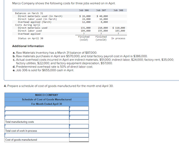 Marco Company shows the following costs for three jobs worked on in April.
Job 306
$ 26,000
24,000
12,000
Balances on March 31
Direct materials used (in March)
Direct labor used (in March)
Overhead applied (March)
Costs during April
Direct materials used
Direct labor used
Overhead applied
Status on April 30
MARCO COMPANY
Schedule of Cost of Goods Manufactured
For Month Ended April 30
Total manufacturing costs
131,000
104,000
?
Total cost of work in process
Finished
(sold)
Cost of goods manufactured
Job 307
$ 40,000
16,000
8,000
210,000
155,000
Finished
(unsold)
Additional Information
a. Raw Materials Inventory has a March 31 balance of $87,000.
b. Raw materials purchases in April are $570,000, and total factory payroll cost in April is $386,000.
c. Actual overhead costs incurred in April are indirect materials, $51,000; indirect labor, $24,000; factory rent, $35,000;
factory utilities, $22,000; and factory equipment depreciation, $57,000.
d. Predetermined overhead rate is 50% of direct labor cost.
e. Job 306 is sold for $655,000 cash in April.
Job 308
4. Prepare a schedule of cost of goods manufactured for the month end April 30.
$ 110,000
103,000
In process