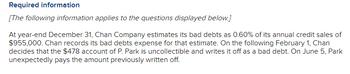 **Required Information**

*The following information applies to the questions displayed below.*

At year-end December 31, Chan Company estimates its bad debts as 0.60% of its annual credit sales of $955,000. Chan records its bad debts expense for that estimate. On the following February 1, Chan decides that the $478 account of P. Park is uncollectible and writes it off as a bad debt. On June 5, Park unexpectedly pays the amount previously written off.