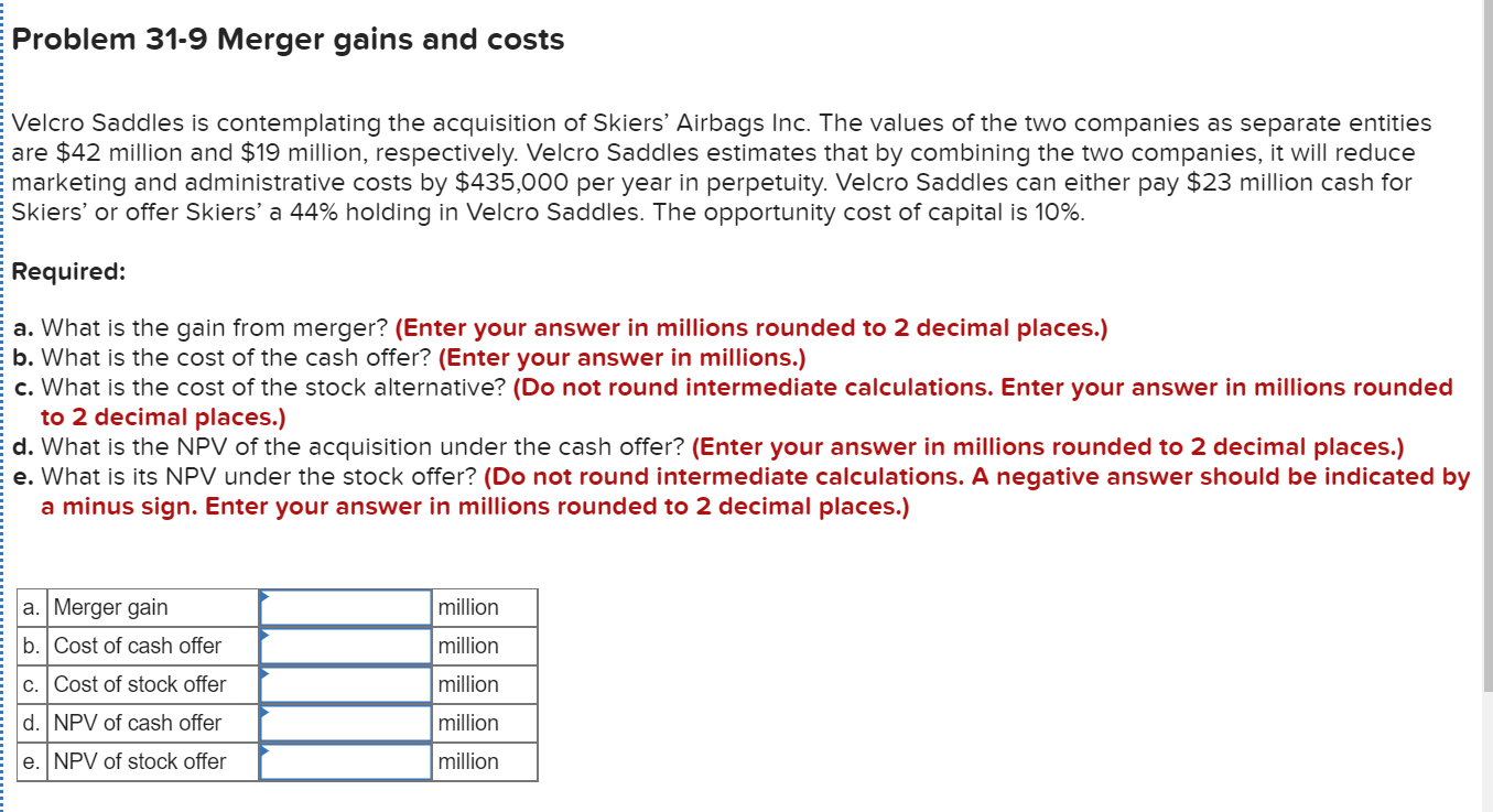 EProblem 31-9 Merger gains and costs
Velcro Saddles is contemplating the acquisition of Skiers' Airbags Inc. The values of the two companies as separate entities
are $42 million and $19 million, respectively. Velcro Saddles estimates that by combining the two companies, it will reduce
marketing and administrative costs by $435,000 per year in perpetuity. Velcro Saddles can either pay $23 million cash for
Skiers' or offer Skiers' a 44% holding in Velcro Saddles. The opportunity cost of capital is 10%.
ERequired:
a. What is the gain from merger? (Enter your answer in millions rounded to 2 decimal places.)
b. What is the cost of the cash offer? (Enter your answer in millions.)
E c. What is the cost of the stock alternative? (Do not round intermediate calculations. Enter your answer in millions rounded
to 2 decimal places.)
d. What is the NPV of the acquisition under the cash offer? (Enter your answer in millions rounded to 2 decimal places.)
e. What is its NPV under the stock offer? (Do not round intermediate calculations. A negative answer should be indicated by
a minus sign. Enter your answer in millions rounded to 2 decimal places.)
a. Merger gain
million
b. Cost of cash offer
million
c. Cost of stock offer
million
d. NPV of cash offer
million
e. NPV of stock offer
million
