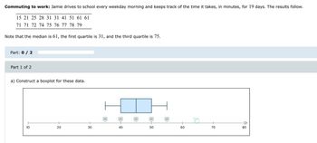 Commuting to work: Jamie drives to school every weekday morning and keeps track of the time it takes, in minutes, for 19 days. The results follow.
15 21 25 28 31 31 41 51 61 61
71 71 72 74 75 76 77 78 79
Note that the median is 61, the first quartile is 31, and the third quartile is 75.
Part: 0 / 2
Part 1 of 2
a) Construct a boxplot for these data.
10
+
20
20
30
40
፡፡፡
50
50
60
70
80