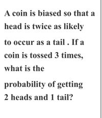 Answered: A coin is biased so that a head is… | bartleby