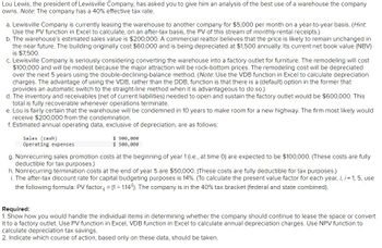 Lou Lewis, the president of Lewisville Company, has asked you to give him an analysis of the best use of a warehouse the company
owns. Note: The company has a 40% effective tax rate.
a. Lewisville Company is currently leasing the warehouse to another company for $5,000 per month on a year-to-year basis. (Hint.
Use the PV function in Excel to calculate, on an after-tax basis, the PV of this stream of monthly rental receipts.)
b. The warehouse's estimated sales value is $200,000. A commercial realtor believes that the price is likely to remain unchanged in
the near future. The building originally cost $60,000 and is being depreciated at $1,500 annually. Its current net book value (NBV)
is $7,500.
c. Lewisville Company is seriously considering converting the warehouse into a factory outlet for furniture. The remodeling will cost
$100,000 and will be modest because the major attraction will be rock-bottom prices. The remodeling cost will be depreciated
over the next 5 years using the double-declining-balance method. (Note: Use the VDB function in Excel to calculate depreciation
charges. The advantage of using the VDB, rather than the DDB, function is that there is a (default) option in the former that
provides an automatic switch to the straight-line method when it is advantageous to do so.)
d. The inventory and receivables (net of current liabilities) needed to open and sustain the factory outlet would be $600,000. This
total is fully recoverable whenever operations terminate.
e. Lou is fairly certain that the warehouse will be condemned in 10 years to make room for a new highway. The firm most likely would
receive $200,000 from the condemnation.
f. Estimated annual operating data, exclusive of depreciation, are as follows:
Sales (cash)
Operating expenses
$ 900,000
$ 500,000
g. Nonrecurring sales promotion costs at the beginning of year 1 (i.e., at time 0) are expected to be $100,000. (These costs are fully
deductible for tax purposes.)
h. Nonrecurring termination costs at the end of year 5 are $50,000. (These costs are fully deductible for tax purposes.)
i. The after-tax discount rate for capital budgeting purposes is 14%. (To calculate the present value factor for each year, i, i = 1, 5, use
the following formula: PV factor; = (1 ÷ 1.14¹). The company is in the 40% tax bracket (federal and state combined).
Required:
1. Show how you would handle the individual items in determining whether the company should continue to lease the space or convert
it to a factory outlet. Use PV function in Excel, VDB function in Excel to calculate annual depreciation charges. Use NPV function to
calculate depreciation tax savings.
2. Indicate which course of action, based only on these data, should be taken.