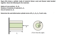 Figure B1b shows a cylinder made of material 1(inner core) and 2(outer tube) bonded
together. Given the following for the materials:
Radius of cross sections - R1, R2
Modulus of elasticity of materials E,, E2
Area of sections A1, A2
Determine the axial deformation cylinder terms of R1, E, R2, E2, P and L only.-
R2
Ry
(View from the right)
