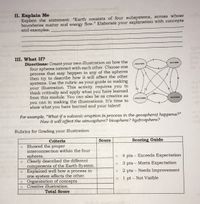 II. Explain Me
Explain the statement: "Earth consists of four subsystems, across whose
boundaries matter and energy flow." Elaborate your explanation with concepts
and examples.
III. What If?
Directions: Create your own illustration on how the
four spheres interact with each other. Choose one
process that may happen in any of the spheres
then try to describe how it will affect the other
systems. Use the rubric as your guide in making
your illustration. This activity requires you to
think critically and apply what you have learned
from this module. You can also be as creative as
you can in making the illustrations. It's time to
show what you have learned and your talent!
BIOS PHERE
ATMOSPHERE
12
11
-10-
GEOSPHERE
HYOROSHERE
For example, "What if a volcanic eruption fa process in the geosphere) happens?"
How it will affect the atmosphere? biosphere? hydrosphere?
Rubrics for Grading your illustration:
Criteria
Score
Scoring Guide
Showed the proper
interconnection within the four
4 pts
Exceeds Expectation
spheres.
o Clearly described the different
components of the Earth System.
o Explained well how a process in
one system affects the other.
o Organization of concepts
Creative illustration.
3 pts - Meets Expectation
2 pts - Needs Improvement
1 pt - Not Visible
Total Score
