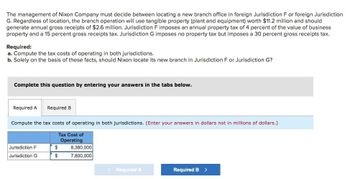 The management of Nixon Company must decide between locating a new branch office in foreign Jurisdiction F or foreign Jurisdiction
G. Regardless of location, the branch operation will use tangible property (plant and equipment) worth $11.2 million and should
generate annual gross receipts of $2.6 million. Jurisdiction F imposes an annual property tax of 4 percent of the value of business
property and a 15 percent gross receipts tax. Jurisdiction G imposes no property tax but imposes a 30 percent gross receipts tax.
Required:
a. Compute the tax costs of operating in both jurisdictions.
b. Solely on the basis of these facts, should Nixon locate its new branch in Jurisdiction F or Jurisdiction G?
Complete this question by entering your answers in the tabs below.
Required A
Required B
Compute the tax costs of operating in both jurisdictions. (Enter your answers in dollars not in millions of dollars.)
Tax Cost of
Operating
Jurisdiction F
$
8,380,000
Jurisdiction G
$
7,800,000
Required A
Required B >