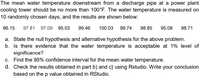 The mean water temperature downstream from a discharge pipe at a power plant
cooling tower should be no more than 100°F. The water temperature is measured on
10 randomly chosen days, and the results are shown below:
96.15
97.81 97.09 95.03
99.46
100.03 99.74
98.85
95.08
98.71
a. State the null hypothesis and alternative hypothesis for the above problem.
b. Is there evidence that the water temperature is acceptable at 1% level of
significance?
c. Find the 95% confidence interval for the mean water temperature.
d. Check the results obtained in part b) and c} using Rstudio. Write your conclusion
based on the p value obtained in RStudio.
