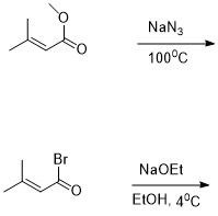 The image shows two chemical reactions involving organic compounds. Each reaction is depicted with starting materials, reagents, and conditions.

1. **Reaction One:**
   - **Starting Material:** An organic compound with an ester functional group and a conjugated double bond.
   - **Reagent:** Sodium azide (NaN₃).
   - **Condition:** The reaction is carried out at 100°C.
   - There is an arrow indicating that the reaction leads to a new product, although the specific product is not shown in this image.

2. **Reaction Two:**
   - **Starting Material:** An organic compound with a brominated ketone.
   - **Reagent:** Sodium ethoxide (NaOEt).
   - **Condition:** The reaction is conducted in ethanol (EtOH) at 4°C.
   - An arrow indicates the progression to the product, which is not explicitly shown in the image.

These reactions are typical in organic synthesis, involving nucleophilic substitutions or other transformations under specified conditions.