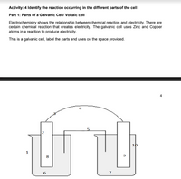 Activity: 4 Identify the reaction occurring in the different parts of the cell
Part 1: Parts of a Galvanic Cell/ Voltaic cell
Electrochemistry shows the relationship between chemical reaction and electricity. There are
certain chemical reaction that creates electricity. The galvanic cell uses Zinc and Copper
atoms in a reaction to produce electricity.
This is a galvanic cell, label the parts and uses on the space provided.
4
10
1
7
