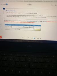 .mheducation.com/ext/map/index.html?_con=con&external_browser3D0&launchUrl=https%253A%252F%252Flms.mheducation.com%25
11 Homework i
Saved
Help
Save
Required information
[The following information applies to the questions displayed below.]
Park Co. is considering an investment that requires immediate payment of $29,470 and provides expected cash
inflows of $8,700 annually for four years. Park Co. requires a 6% return on its investments.
of 2
1-a. What is the net present value of this investment? (PV of $1, FV of $1, PVA of $1, and FVA of $1) (Use appropriate factc
the tables provided. Round your present value factor to 4 decimals.)
Воok
Cash Flow
Select Chart
Amount x PV Factor
Present Value
Annual cash flow
Hint
24
Print
Net present value
Faw
< Prev
of 4
Next >
ctl
%24
%
4.
17
8.
6.
e
