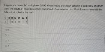 Suppose you have a 4x1 multiplexer (MUX) whose inputs are shown below in a single row of a truth table. The inputs i0 - i3 are data inputs and s0 and s1 are selector bits. What Boolean value will the data output, d, be for this row?

\[
\begin{array}{cccccc}
i3 & i2 & i1 & i0 & s1 & s0 & d \\
1 & 1 & 0 & 1 & 0 & 1 & ? \\
\end{array}
\]

Options:
- ○ 0
- ○ 1
- ○ 2
- ○ 3

### Explanation:

The table represents a single row in a truth table for a 4x1 multiplexer. The selector bits s1 and s0 determine which of the inputs (i0, i1, i2, i3) is routed to the output d.

- The selector bits s1 and s0 are set to '01', which means the selected input is i1.
- The value of i1 is '0'.

Thus, the Boolean value of the output d for this row is 0.