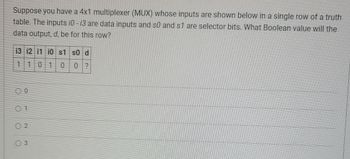 ### 4x1 Multiplexer Truth Table Analysis

Suppose you have a 4x1 multiplexer (MUX) whose inputs are shown below in a single row of a truth table. The inputs \( i_0 - i_3 \) are data inputs and \( s_0 \) and \( s_1 \) are selector bits. What Boolean value will the data output, \( d \), be for this row?

| i3 | i2 | i1 | i0 | s1 | s0 | d |
|----|----|----|----|----|----|---|
|  1 |  1 |  0 |  1 |  0 |  0 | ? |

#### Explanation:

- **Data Inputs (i0 - i3):** These are the inputs from which the multiplexer selects one to be the output. 
- **Selector Bits (s0, s1):** These binary bits determine which input is selected:
  - \( s_1s_0 = 00 \): Selects \( i_0 \)
  - \( s_1s_0 = 01 \): Selects \( i_1 \)
  - \( s_1s_0 = 10 \): Selects \( i_2 \)
  - \( s_1s_0 = 11 \): Selects \( i_3 \)

In the provided table, the selector bits \( s_1 = 0 \) and \( s_0 = 0 \), therefore, the selected input is \( i_0 \).

- **Output (d):** Since \( i_0 = 1 \), the output \( d \) for this row is also 1.

#### Multiple Choice Options:
- ○ 0
- ○ 1
- ○ 2
- ○ 3

The correct option is **1**.