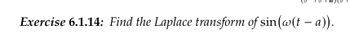 **Exercise 6.1.14:** Find the Laplace transform of \( \sin(\omega(t - a)) \).