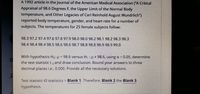 A 1992 article in the Journal of the American Medical Association ("A Critical
Appraisal of 98.6 Degrees F, the Upper Limit of the Normal Body
temperature, and Other Legacies of Carl Reinhold August Wundrlich")
reported body temperature, gender, and heart rate for a number of
subjects. The temperatures for 25 female subjects follow:
98.3 97.2 97.4 97.6 97.8 97.9 98.0 98.0 98.2 98.1 98.2 98.3 98.3
98.4 98.4 98.4 98.5 98.6 98.6 98.7 98.8 98.8 98.9 98.9 99.0
With hypothesis Ho: u = 98.6 versus H1 : u ± 98.6, using a = 0.05, determine
the test statistic t o and draw conclusion. Round your answers to three
decimal places i.e., 0.000. Provide all the necessary solutions.
Test statistic t0 statistics = Blank 1. Therefore, Blank 2 the Blank 3
hypothesis.
